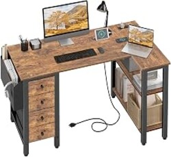 Lufeiya L Shaped Desk with Drawers & Storage Shelves, 47 Inch Small Reversible Corner Desk with Power Outlet for Home Office Bedroom, L-Shaped Gaming PC Computer Desks with Fabric Drawer, Rustic Brown