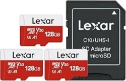 Lexar E-Series 128GB 3 PK Micro SD Card microSDXC UHS-I Flash Memory Card | 100MB/s, C10, U3, A1, V30, Full HD, 4K UHD, High Speed TF Card with Adapter