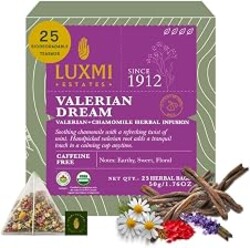 Luxmi Estates Valerian Dream Tea | 25 Pyramid Tea Bags (50g, 1.76oz) | USDA Organic Five-Herb Blend with Valerian Root, Chamomile, Lavender, Rose Petals & Peppermint | Caffeine-Free, Vegan