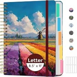 Taja Pretty Large Spiral Lined Notebook for Work with 5 Removable Dividers | Tulip Fields, Hardcover 8.5" x 11" Journal for Women, College Ruled, Perfect for Study & Office Organization, 280 Pages