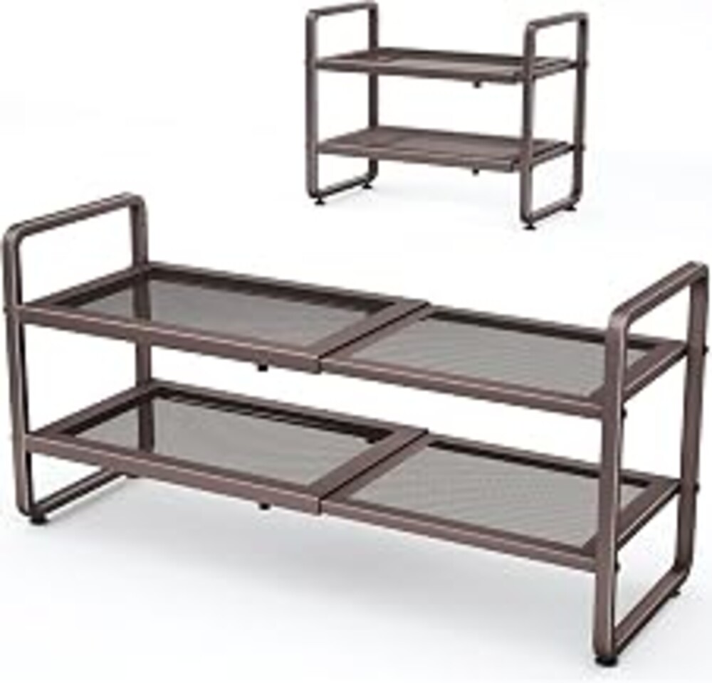 Expandable Metal Shoe Rack for Closet, Entryway & Garage, 2-Tier, Brown | Adjustable Height for Boots, Stackable Design, Dense Mesh Shelves for Heels, Fits Small Spaces, Apartments and Rentals