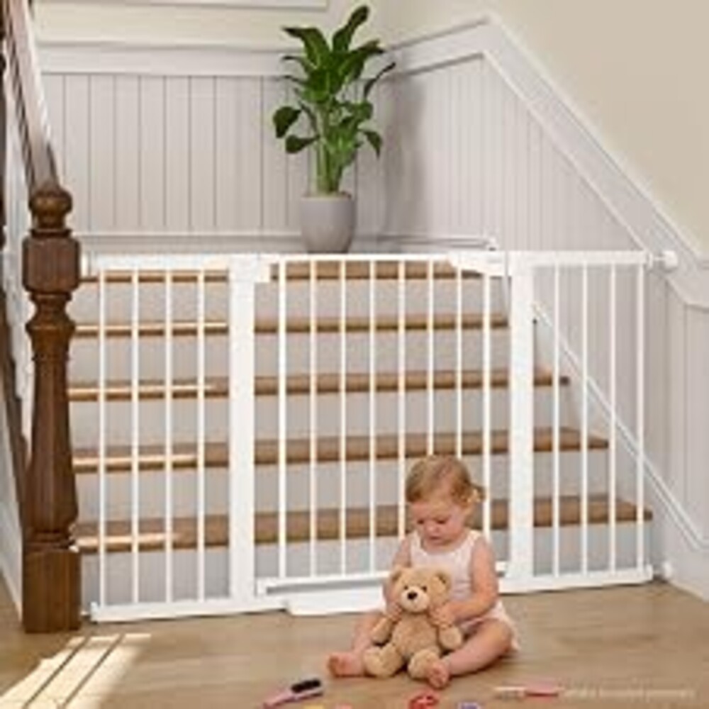 Cumbor 30-54" Extra Wide Baby Gate for Stairs, Auto Close Dog Gate White | Dual Lock Pet Gate Indoor, Easy Install Safety Gate for Doorways, Hallway & Kitchen, Easy Walk Thru Proofing for Babies & Pet