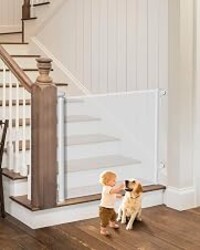 BBsecure Retractable Baby Gates, 34" Tall Fits Up to 55" Wide, White | No Bottom Bar Mesh Baby & Pet Gate with Anti-Crawling Hook, One-Hand Operation, Safety Lock for Stair, Doorway,Indoor/Outdoor