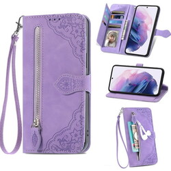 TECH CIRCLE Samsung Galaxy S23 Wallet Case,Embossed Flower PU Leather Folio Flip Protective Zipper Cover with Wrist Strap RFID Blocking Card Holder Kickstand Case for Galaxy S23 6.1" 2023, Purple