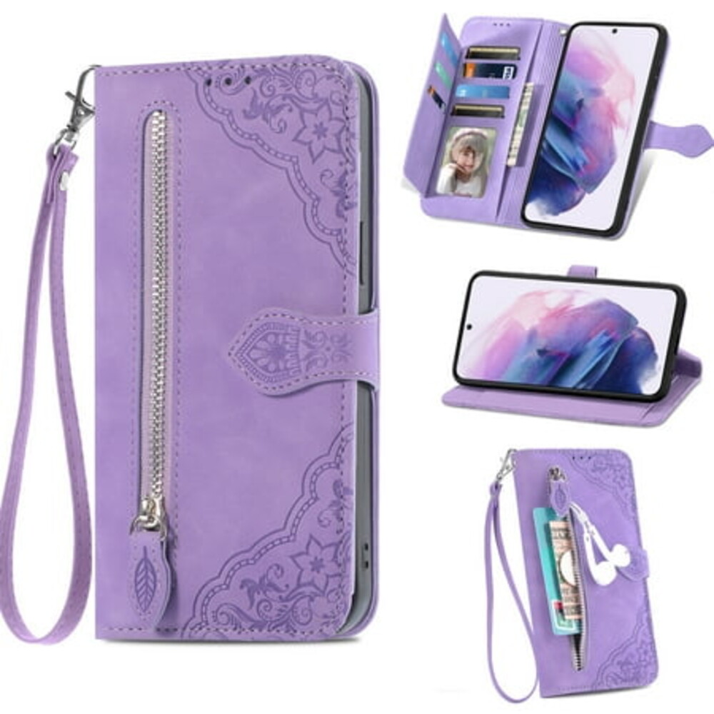 TECH CIRCLE Samsung Galaxy S23 Wallet Case,Embossed Flower PU Leather Folio Flip Protective Zipper Cover with Wrist Strap RFID Blocking Card Holder Kickstand Case for Galaxy S23 6.1" 2023, Purple