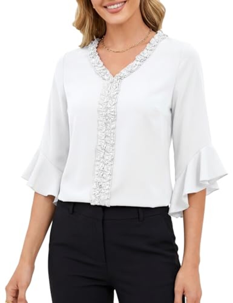 Women's 3/4 Bell Sleeve Ruffle Trim Dres