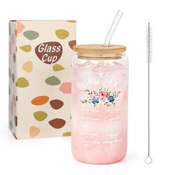 Floral Iced Glass Cups with Lid and Stra