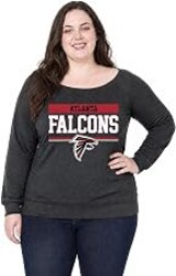 Team Fan Apparel NFL Womens Plus Size French Terry Crewneck Pullover | Officially licensed NFL crewneck pullover in charcoal. French terry fabric. Raglan sleeves. Relaxed fit. Sizes 1X-4X.