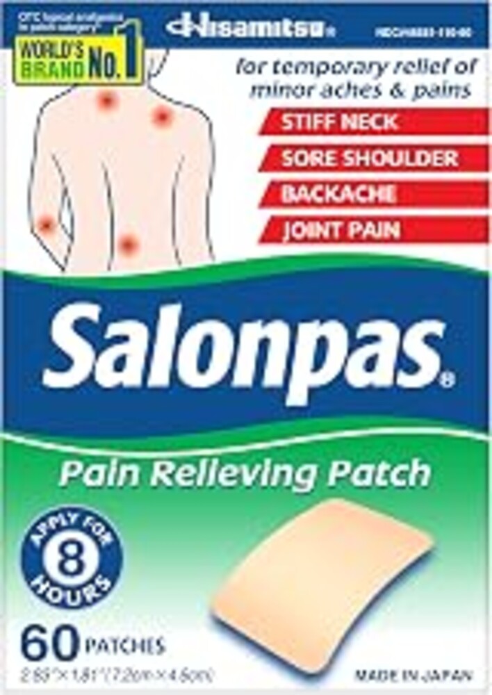 Salonpas Pain Relieving Patch, 60 Count (Pack of 1) | Apply For Up to 8 Hours, For Temporary Relief of Minor Aches & Pains, Stiff Neck, Sore Shoulder, Backache, Joint Pain