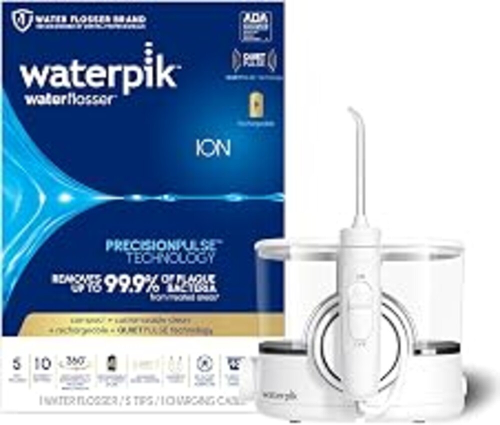 Waterpik ION Rechargeable Water Flosser with 10 Settings, 5 Tips, White | Portable Quiet Cordless Countertop for Daily Gum Health, Dental Braces, Implants, ADA Accepted, WF-31 Packaging May Vary