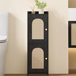 Hzuaneri Bathroom Storage Cabinet, Small Corner Floor Cabinet with 2 Doors | Narrow Toilet Paper Cabinets with Adjustable Shelf, Bathroom Organizer for Small Spaces, 7.9"D x 9.8"W x 29.5"H Rattan Black