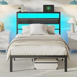 OURPIC Twin Bed Frames, Upholstered Headboard and Storage Shelf, Black | led lights, under-bed storage, no box spring, easy assembly, sturdy steel frame, USB+Type-C+AC ports, app control