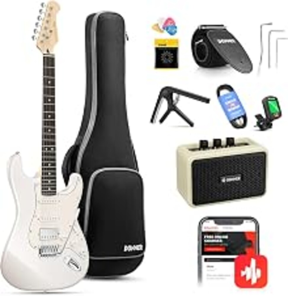 Donner DST-152 Full-Size Electric Guitar Beginner Kit with HSS Coil Split | Solid‑Body Full Starter Set, for All Skill Levels, Amplifier with Headphone Jack for Quiet Practice, Polar White