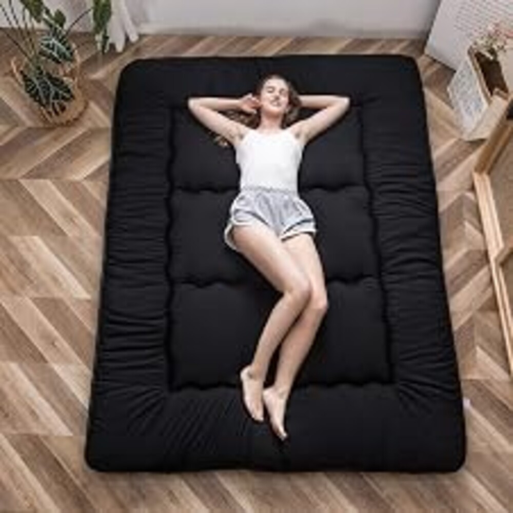MAXYOYO Japanese Floor Mattress 4" Thick Queen Size Foldable Futon Mattress | Sleeping Pad Foldable Roll Up Mattress with Cover and Storage Bag, Floor Futon for Adults, Dormitory Pad Mattress, Black