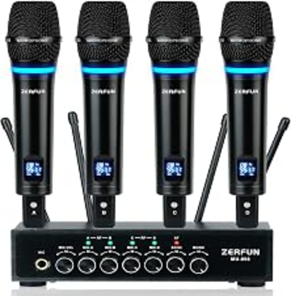 ZERFUN 4 Channel Rechargeable Wireless Microphone System(MU-898) | Pro UHF Metal Handheld Wireless Microphones Cordless Mics with Echo Bluetooth VOL Channel Control for Karaoke Singing Church