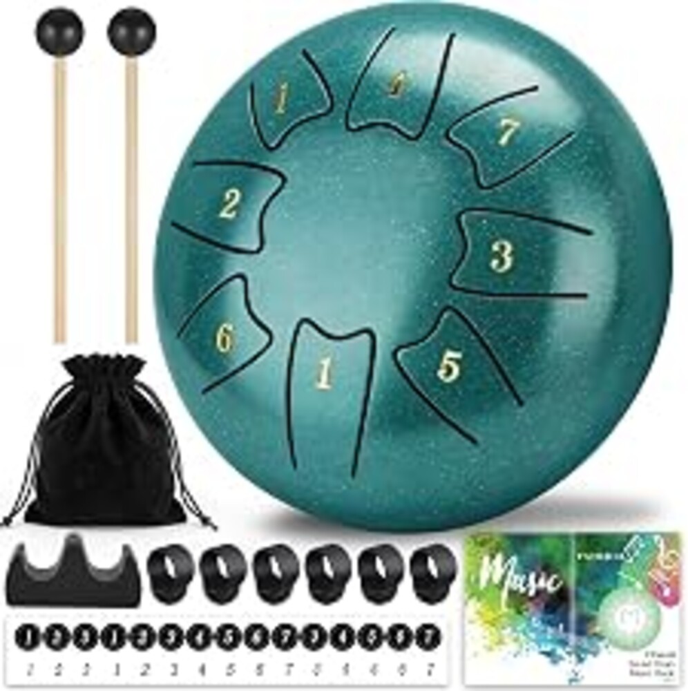 Steel Tongue Drum 6 Inch 8 Notes, Rain Drum for Outdoor Garden, Easy-Play Percussion Instrument, Unique Gift for Music Lovers, with Mallets, Carry Bag & Music Book, Green (6 Inch 8 Notes)