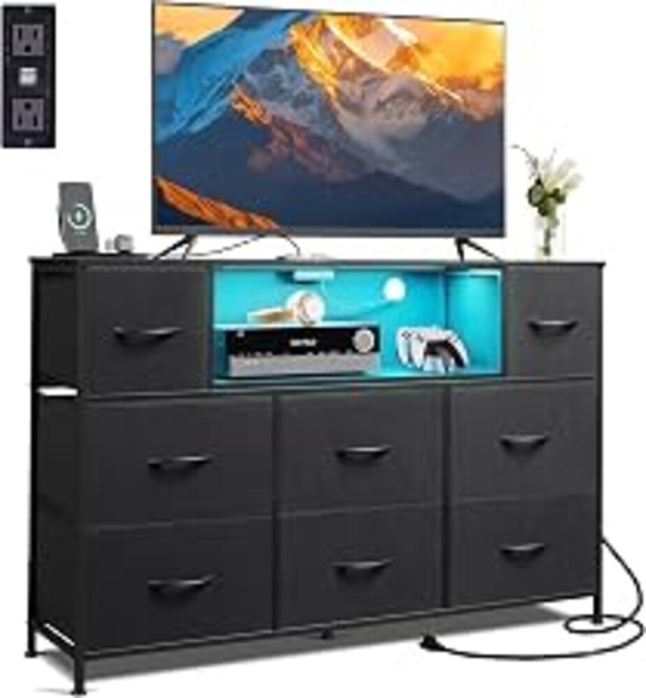 WLIVE LED Dresser TV Stand for 55 Inch TV, 8 Fabric Drawers, Black Dresser | Fits TVs up to 55 inch, LED Chest of Drawers, Built-in AC Power Outlet and USB-A, Dresser for Bedroom Living Room Gaming Room