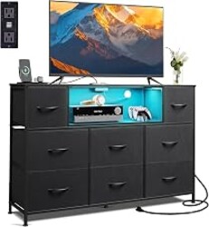 WLIVE LED Dresser TV Stand for 55 Inch TV, 8 Fabric Drawers, Black Dresser | Fits TVs up to 55 inch, LED Chest of Drawers, Built-in AC Power Outlet and USB-A, Dresser for Bedroom Living Room Gaming Room