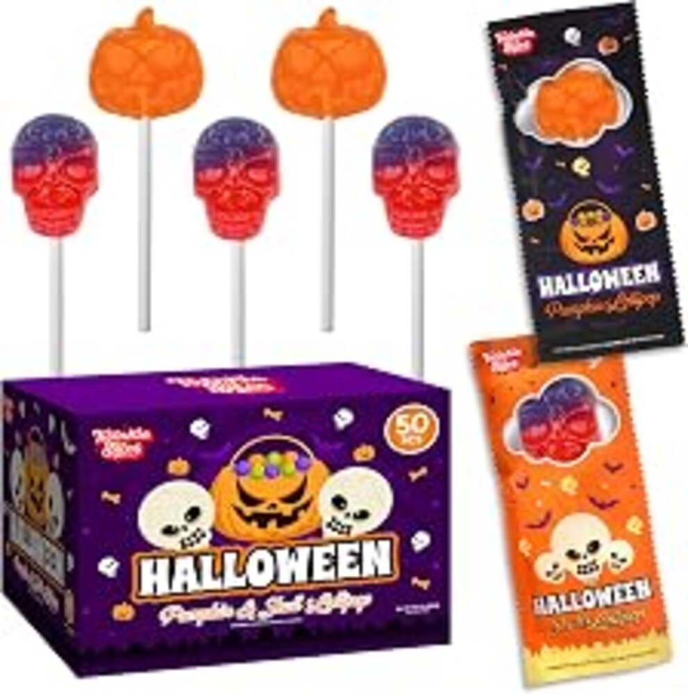 50 Pack Halloween Lollipops - Individually Wrapped Holiday Themed Pumpkin And Skull Lollipops – Trick Or Treat Strawberry And Tutti Frutti Delicious Candys - Bulk Halloween Suckers Great Use, For Kids, Party Favor, Classrooms, Goodie Bags