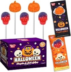 50 Pack Halloween Lollipops - Individually Wrapped Holiday Themed Pumpkin And Skull Lollipops – Trick Or Treat Strawberry And Tutti Frutti Delicious Candys - Bulk Halloween Suckers Great Use, For Kids, Party Favor, Classrooms, Goodie Bags