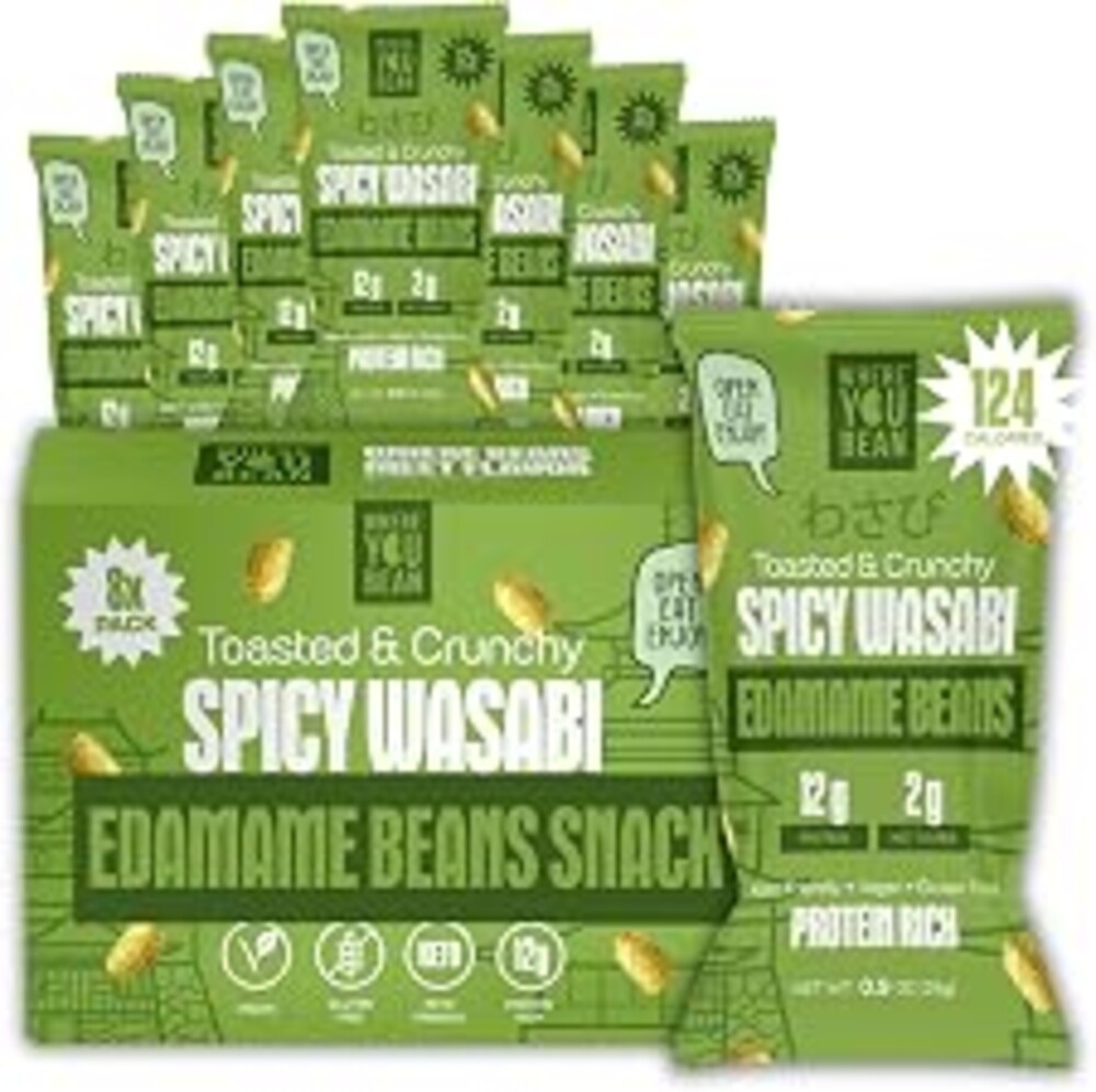 Where You Bean Edamame Beans Snack - Dry Roasted Edamame (Spicy Wasabi) | No seed oils. 12g protein. Crunchy, plant-based, keto-friendly, and vegan. Each pack is 0.9 oz; comes in a pack of 8.