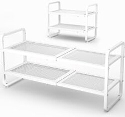 Expandable Metal Shoe Rack for Closet, Entryway & Garage, 2-Tier, White | Adjustable Height for Boots, Stackable Design, Dense Mesh Shelves for Heels, Fits Small Spaces, Apartments and Rentals