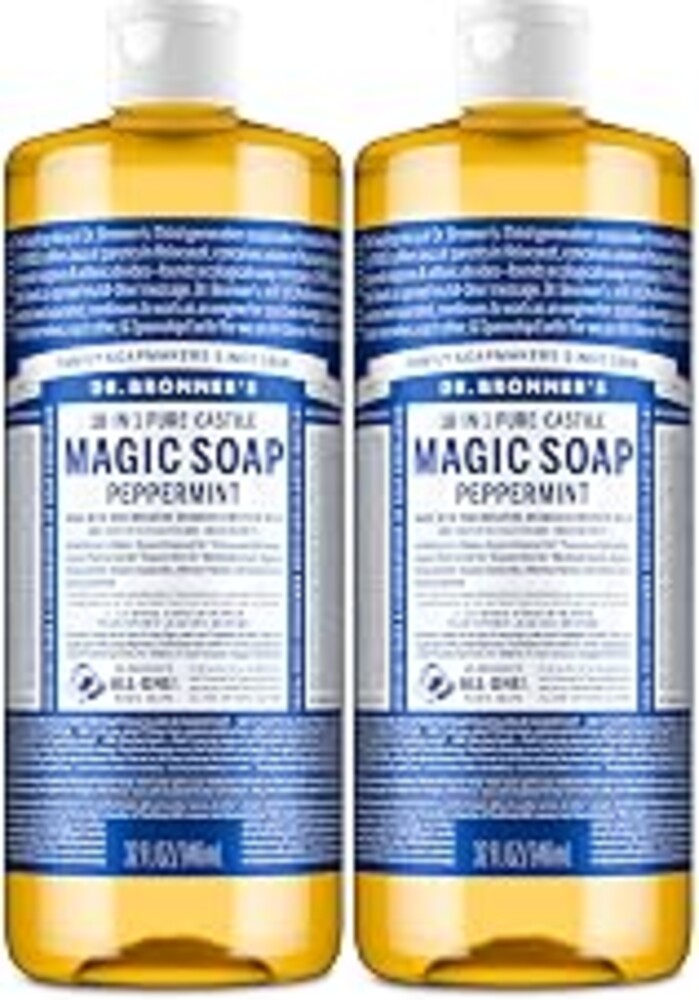 Dr. Bronner's Peppermint Pure-Castile Liquid Soap, Body Wash, 32 oz 2-Pack | 18-in-1 Uses for Men & Women - Hand Soap, Dish Soap, Shampoo, Face, Laundry, Car, Pets, Floors & More, Natural & Organic Oils
