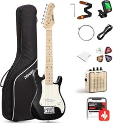 Donner 30 Inch Kids Electric Guitar Beginner Kit ST-Style (Black) | Mini Electric Guitar for Boys Girls with Amp, 600D Bag, Tuner, Picks, Cable, Strap, Extra Strings, and Lessons DSJ-100