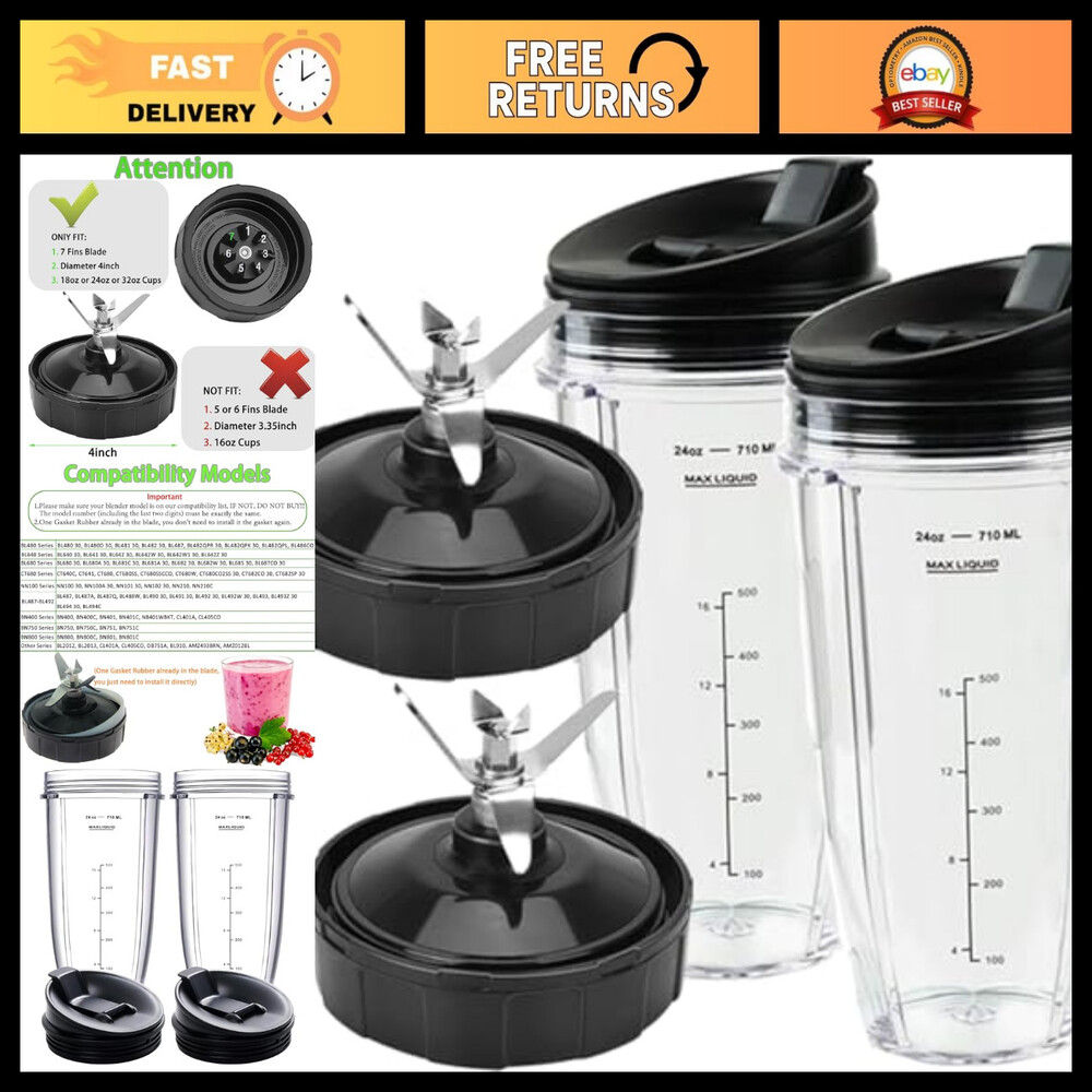 24oz Blender Cups with To-Go Lids & 7 Fins Extractor Blade for Ninja Blenders
