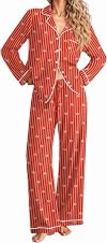 Ekouaer Women Christmas Pajama Long Sleeve Button Up Loungewear Striped Pjs | Notch Collar, Chest Pocket, Elastic Waistband with Drawstring, Fall Winter Pajamas Set, 2 Piece Lounge Sets, Soft Sleepwear
