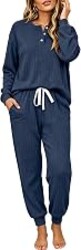 Ekouaer Womens Pajamas Set Knit Pjs Long Sleeve Lounge Set Soft Loungewear | Jogger Pants,Casual Lounge Sets,Comfy Pjs Long Sleeve Knit Ribbed Fall Winter Sleepwear with Pockets