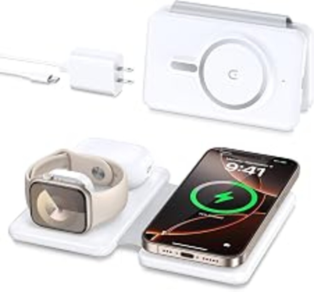 Charging Station for Apple Devices: Magnetic Wireless Charger for iPhone | Charges iPhone 18-12 Watch AirPods Simultaneously,No Cable Clutter on Desk Bedside,Foldable Compact for Travel, 18W Adapter