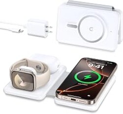 Charging Station for Apple Devices: Magnetic Wireless Charger for iPhone | Charges iPhone 18-12 Watch AirPods Simultaneously,No Cable Clutter on Desk Bedside,Foldable Compact for Travel, 18W Adapter