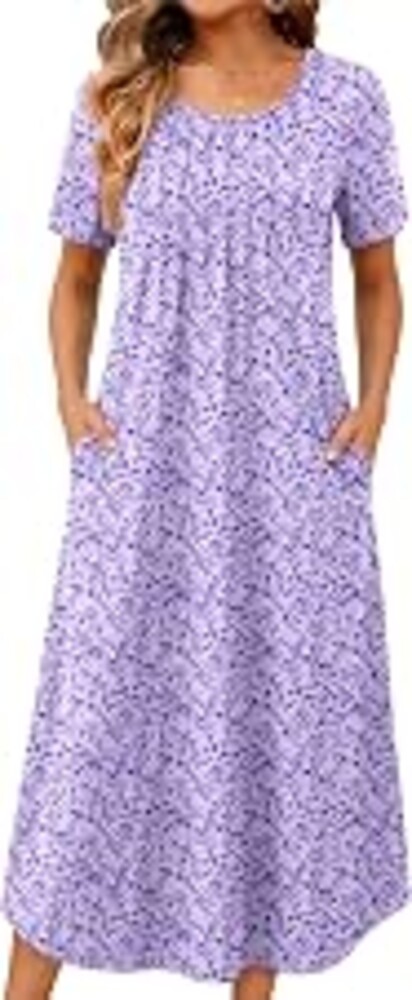 Ekouaer Cotton Nightgowns for Women Plus Size Moo Moos with Pockets | Long Night Gown, Short Sleeve House Dress, Pleated Sleep Shirt, Soft Mumu Dress, Full Length Lounge Dress M-5XL