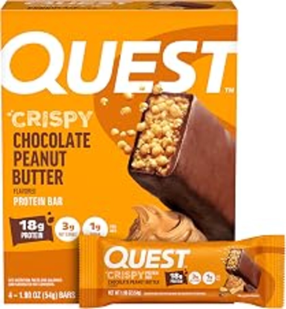 Quest Nutrition Crispy Protein Bar, Chocolate Peanut Butter, 4 Count | 18g Protein, 1g Sugar, 3g Net Carbs, 4g Fiber, Gluten Free, High Quality Protein, Individually Wrapped 1.9oz Bars