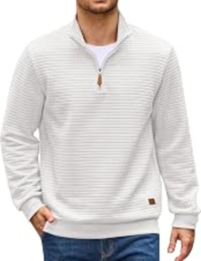 COOFANDY Men's Quarter Zip Pullover Sweatshirts 1/4 Zip Long Sleeve Sweater | Mock Neck Sweater Polo, Casual Business Winter Fall, Leather label and Zipper Pull, quilted fabric with a grid pattern