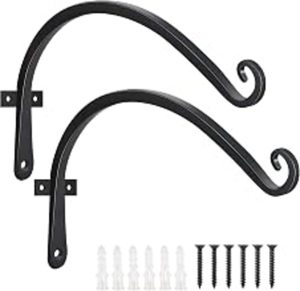 FEED GARDEN Heavy Duty Plant Hooks - 2 Pack 12 Inch Wall Mounted Hanging Brackets, 57lb Capacity Steel Plant Hangers for Bird Feeders, Baskets, Wind Chimes Outdoor Indoor- Black