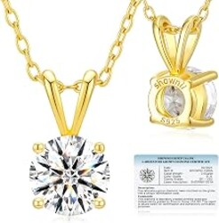 shownii 0.25-2CT LAB GROWN Diamond Solitaire Pendant Necklace for Women | Certified G-H Color, SI1-VS2 Clarity 14K Gold Plated Sterling Silver Round Cut 4 Prong Setting Jewelry, 16.5"+3" Chain