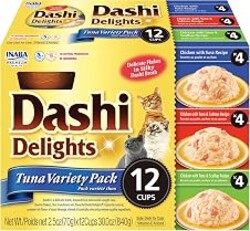 INABA Dashi Delights Lickable Cat Treats, Tuna Variety, 12ct | Immune support, Antioxidant support, 88% moisture, Shredded chicken, Dashi broth side dish, Grain-free, 12 x 2.5 oz cups