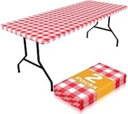 Smiry 8 Foot Picnic Table Cloth 2 Pack, Elastic Fitted Polyester Tablecloth | Waterproof Washable Rectangle Tablecloths ,Buffalo Plaid Table Covers for Dining, Camping, Christmas(Red & White, 30" x 96")