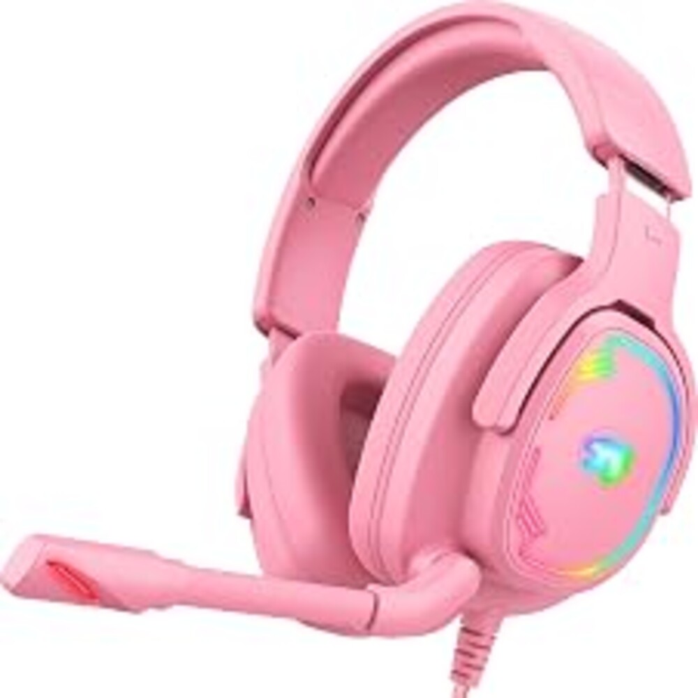 Jimonyer Gaming Headset for PS5 PS4 Xbox Series X|S PC Switch (Pink) | 7.1 Surround Sound, Over Ear, Noise Canceling Mic, RGB LED Light, Soft Memory Earmuffs Headphones for Gaming or Work
