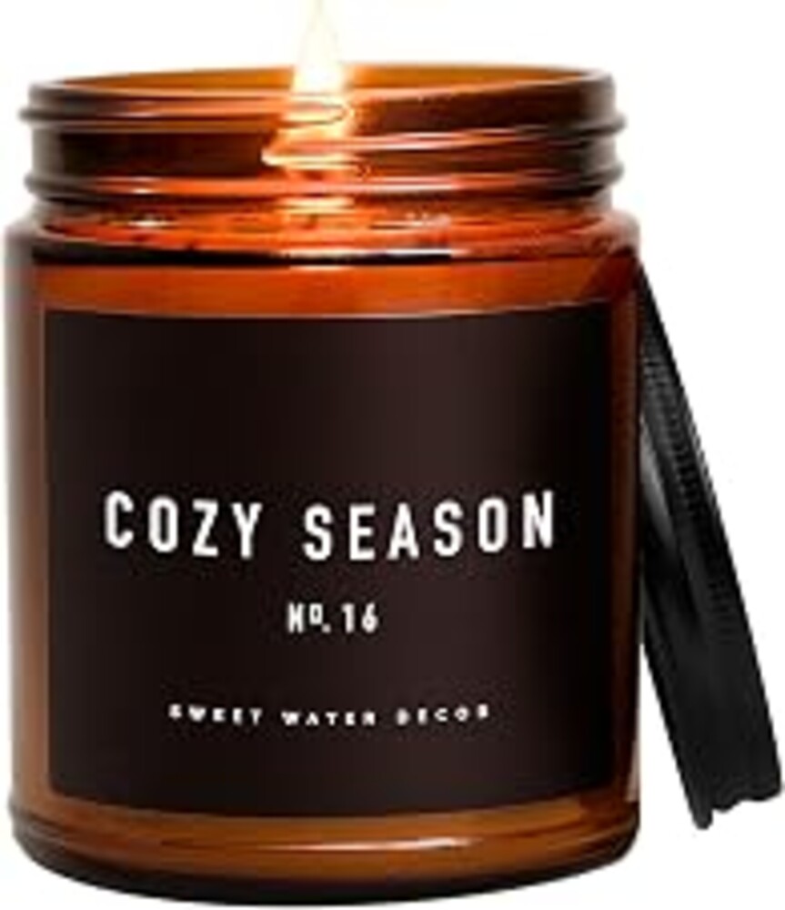 Sweet Water Decor Cozy Season Candle, Winter & Fall Scents, 9oz Glass Jar | Autumn & Holiday Candle with Woods, Warm Spice, & Citrus Scent, Non-Toxic Soy Wax, 40+ Hour Burn Time, Amber Jar, Black Lid