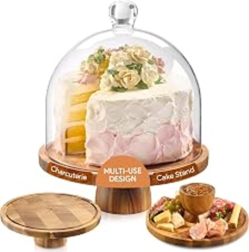 HOMESPHERE High Dome Acacia Wood Cake Stand with Lid - 12 in Round Cake Holder with Tall Acrylic Cloche Cover, 2in1 Dessert Display & Charcuterie Board, No Glass