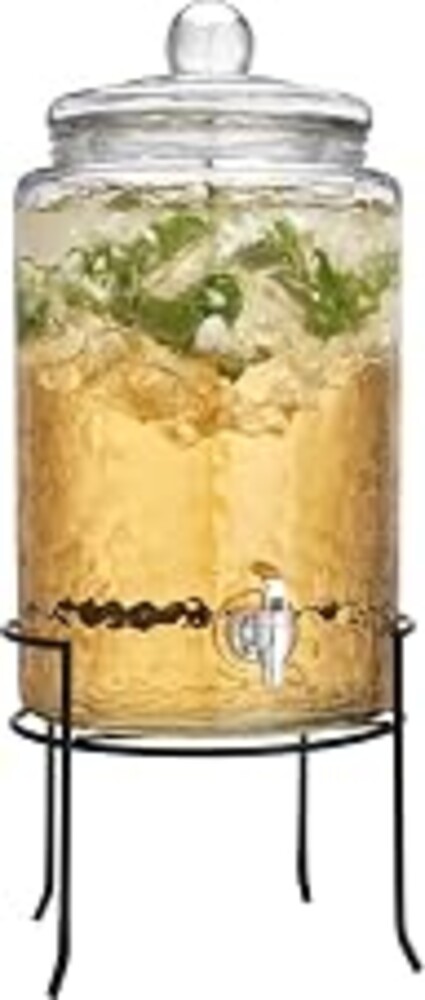 MosJos 3 Gallon Glass Drink Dispenser with Metal Stand & Lid – Hammered Beverage Dispenser with Leakproof Spigot, Wide Mouth for Easy Fill – Ideal for Parties, Lemonade, Iced Tea, Sangria & More