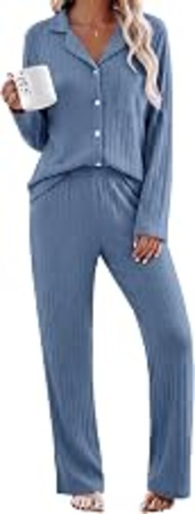 Ekouaer 2 Piece Pajamas Sets for Women Long Sleeve Ribbed Knit Loungewear | Button Down Top & Waistband Wide Leg Pants with Sides Pockets Pjs Set, Classic Notch Collar, Soft Sleepwear for Bedtime