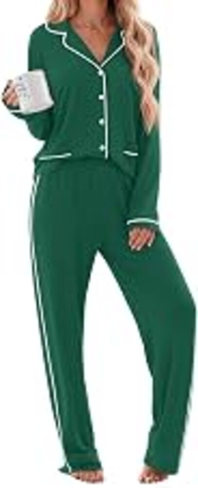 Ekouaer Womens Cotton Pajamas Set Long Sleeve Button Down Pjs with Pockets | Cotton Sleepwear with Long Pant for Sleep and Lounge,Notch Collar,V Neck,Contrast Piping,2 Piece Loungewear