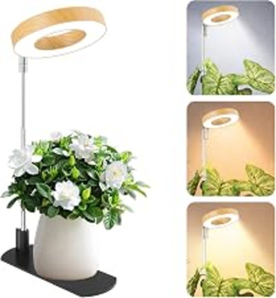 LBW Grow Lights for Indoor Plants, Full Spectrum Halo Grow Light with Base | 48 LEDs Bamboo Grain Grow Lamp, Base/Soil Stake, 7.8-26" Adjustable, 6/8/12/16H Timer, 3 Color, 5 Brightness, For Small Plant