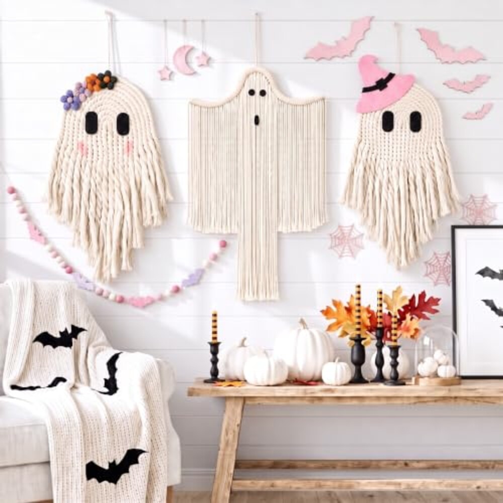 Remagr 3 Pcs Halloween Macrame Bats Wall