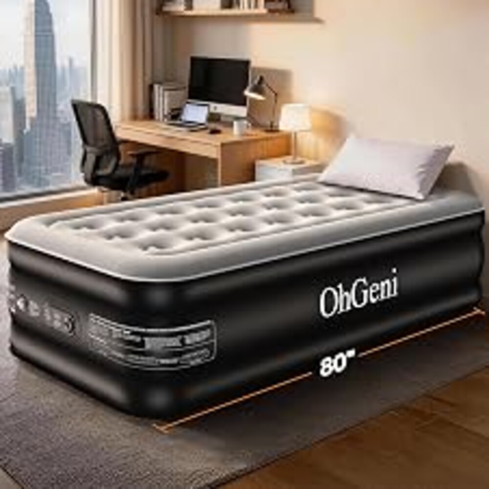 OhGeni 18" Twin XL Air Mattress with Built in Pump, Blow Up Bed, 500lb Max | Extra Long Air Bed for Tall Sleepers (185 cm), Waterproof, 40% Thicker PVC, Parents' Picks Awards, Advanced Coil-Beam Support