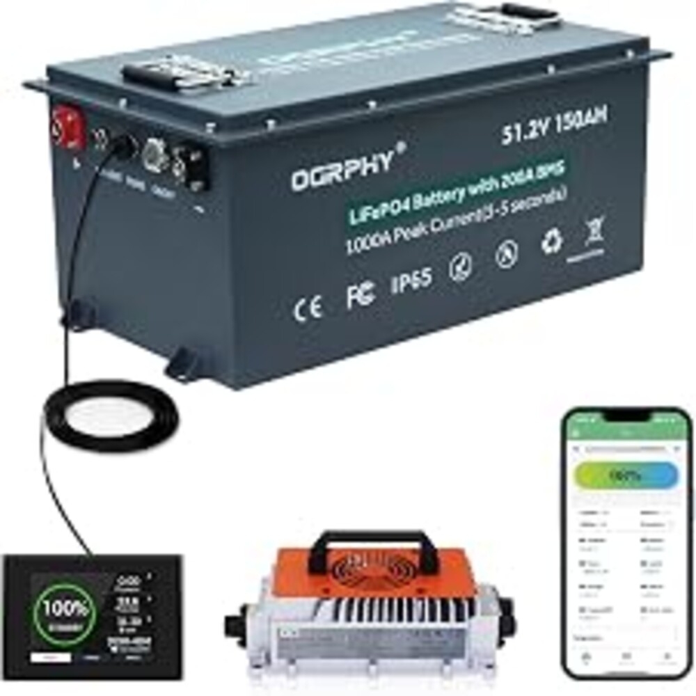 OGRPHY 48V 150AH Lithium Golf Cart Battery with Charger, Built in 200A BMS with Touch Monitor & Mobile APP, 48V Lithium Battery with 1000A Peak Current, Max 10.24kW Output 70 Miles Range for Golf Cart